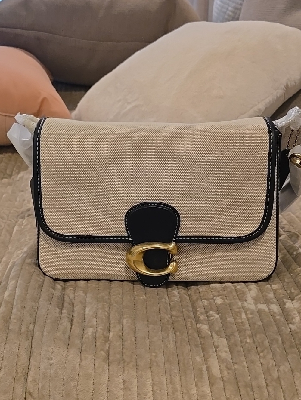 AUTHENTIC Coach Canvas Soft Tabby Shoulder Bag in Salt Stone and Black